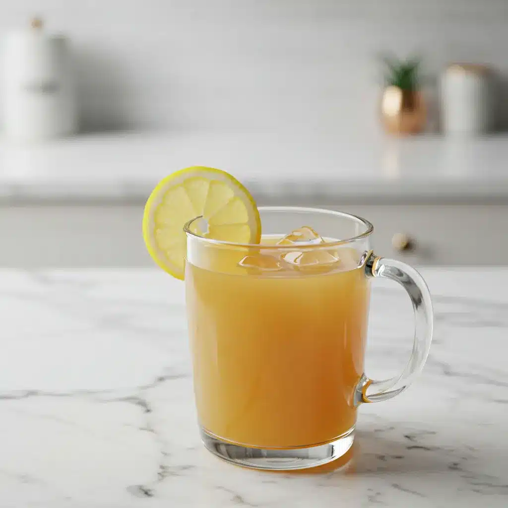 The Ultimate Natural Mounjaro Recipe (4 Ingredients for Weight Loss) 5 A clear mug filled with the iced Natural Mounjaro Recipe and a lemon wedge on a marble countertop.