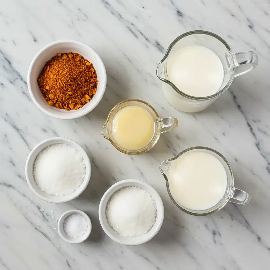 Thai Tea Recipe (Authentic & Easy) 3 An overhead view of the ingredients for a Thai tea recipe, including milk, condensed milk, sugar, and tea mix, arranged on a marble surface.