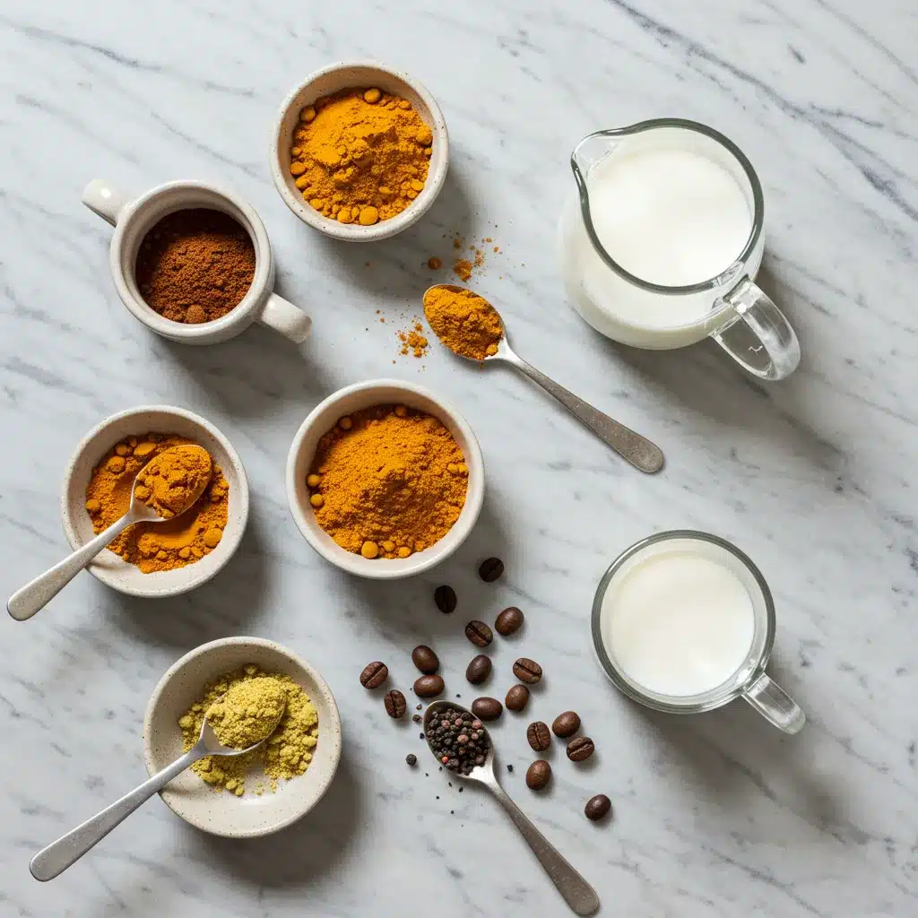 Turmeric Coffee Recipe 3 An overhead view of ingredients for a turmeric coffee recipe, including turmeric, spices, milk, and coffee beans on a marble surface.