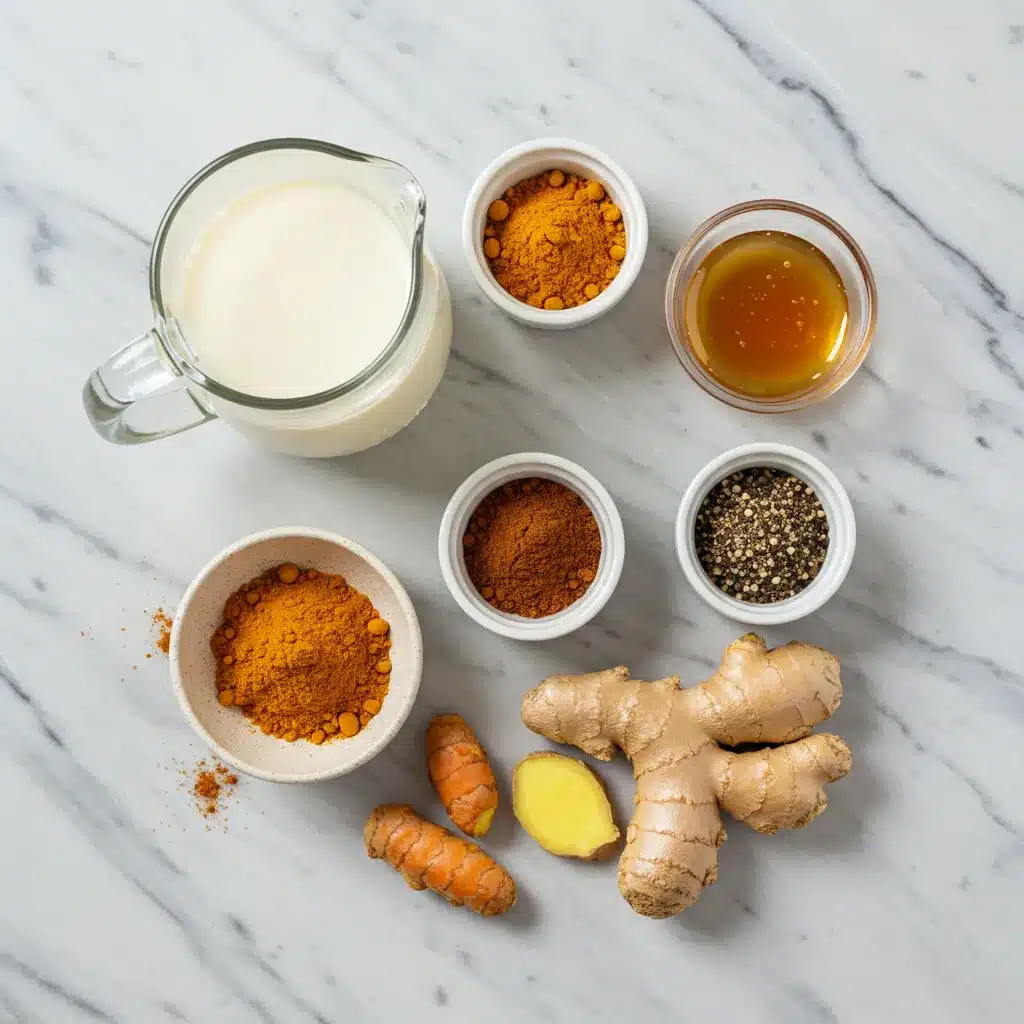 The Ultimate Turmeric Milk Recipe (Easy Golden Milk) 3 Overhead view of ingredients for a turmeric milk recipe, including milk, turmeric, ginger, cinnamon, pepper, and honey on a marble surface.