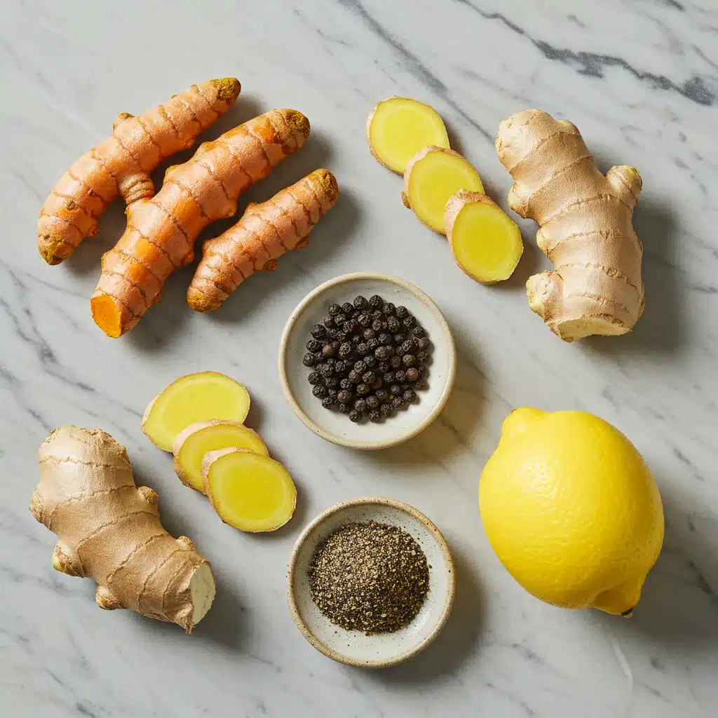 The Ultimate Turmeric Tea Recipe for Wellness 3 A flat lay of fresh ingredients for turmeric tea, including turmeric, ginger, lemon, and black pepper, on a marble surface.