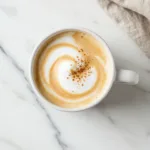Overhead view of a coffee loophole recipe topped with a cinnamon swirl.