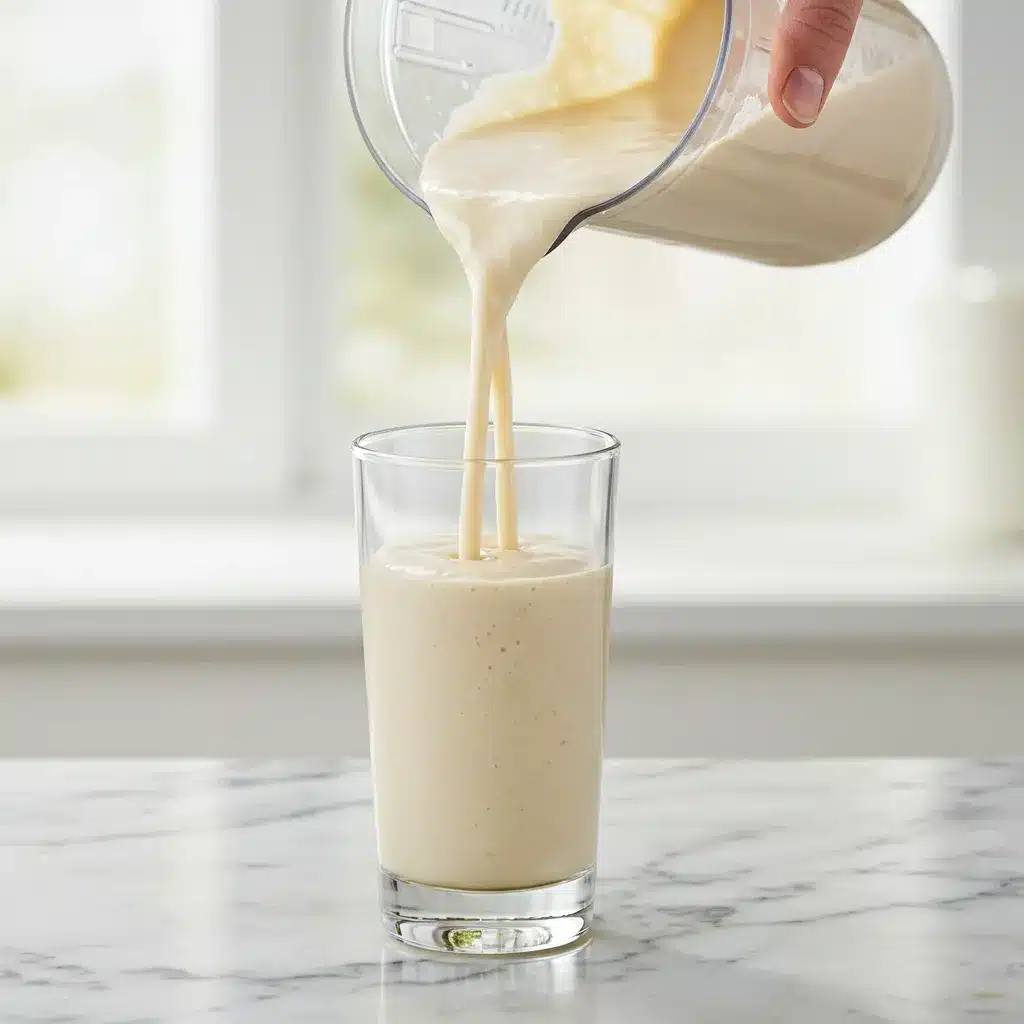 Banana Bariatric Shake Recipe (3-Ingredient!) 4 Pouring a thick and creamy Banana Bariatric Shake from a blender into a tall glass.