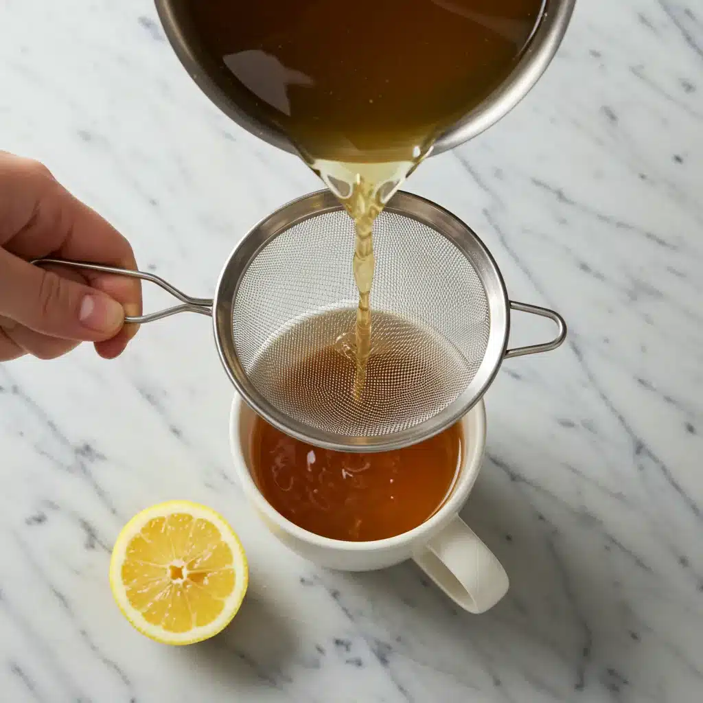 Bariatric Tea Recipe for Weight Loss (3-Ingredient Option!) 4 Pouring the prepared Bariatric Tea Recipe through a strainer into a white mug.