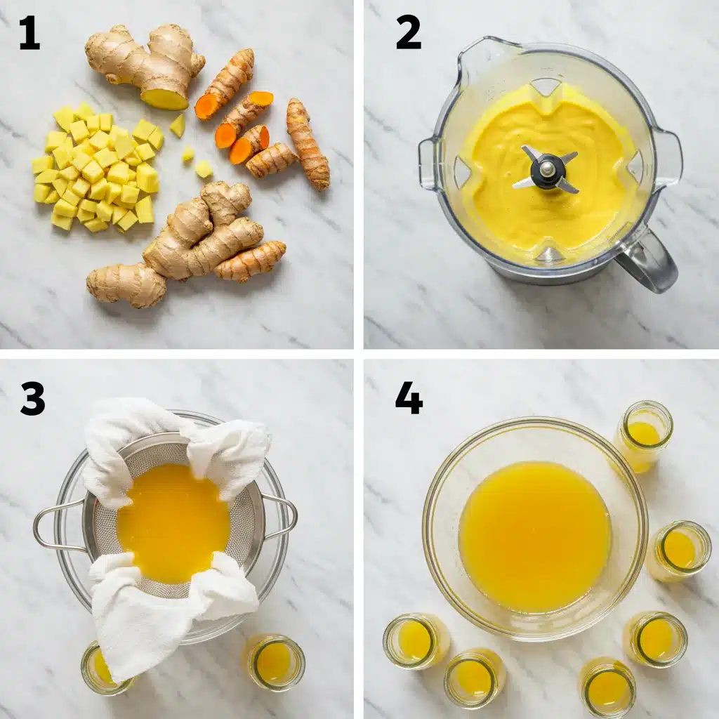 Ginger Shot Recipe (Quick, Potent & Easy!) 4 A four-panel image demonstrating the steps of a ginger shot recipe: chopping, blending, straining, and pouring.
