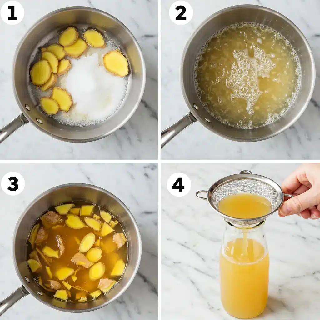 The Ultimate Ginger Syrup Recipe (Easy & Versatile) 4 A four-panel collage showing the steps for making the ginger syrup recipe, from combining ingredients to straining the finished syrup.