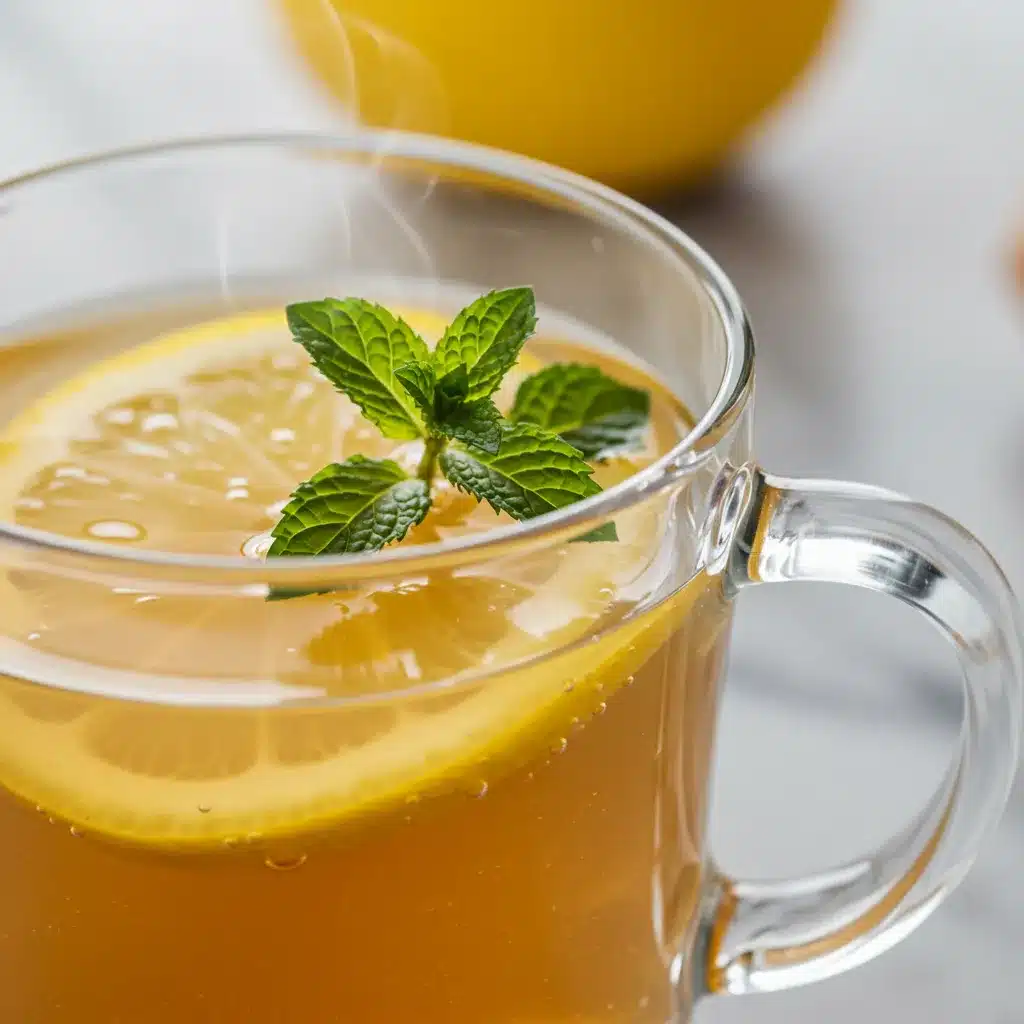 Ginger Tea Recipe (Easy, Soothing & Delicious) 4 A close-up of a steaming hot cup of ginger tea, focusing on the fresh mint garnish and lemon slice floating on top.