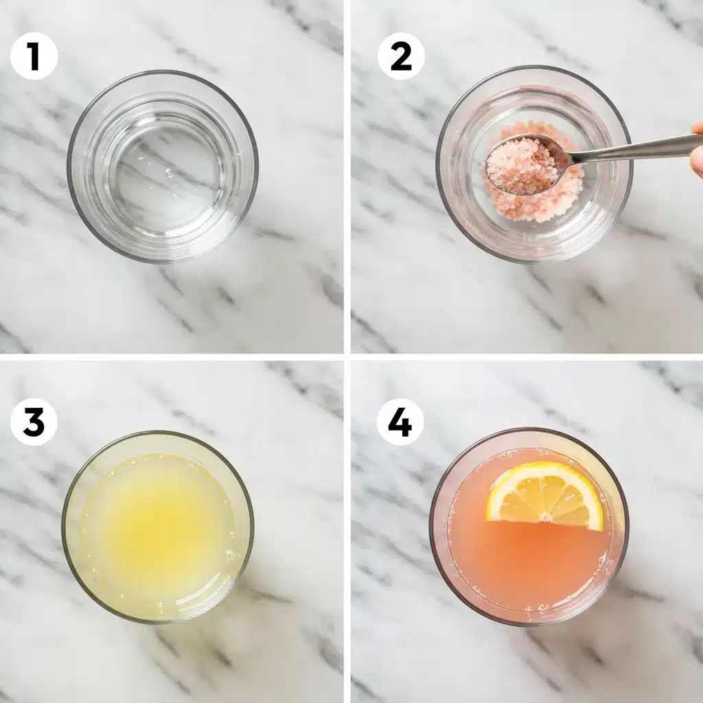 The Ultimate Japanese Pink Salt Recipe for Weight Loss & Vitality 3 A four-panel image showing the preparation steps for the Japanese pink salt recipe on a marble background.