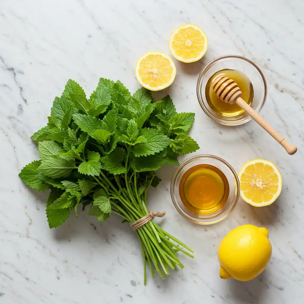 Lemon balm Tea Recipe for Weight Loss and Wellness 4 An overhead view of lemon balm, lemons, and honey on a marble surface.