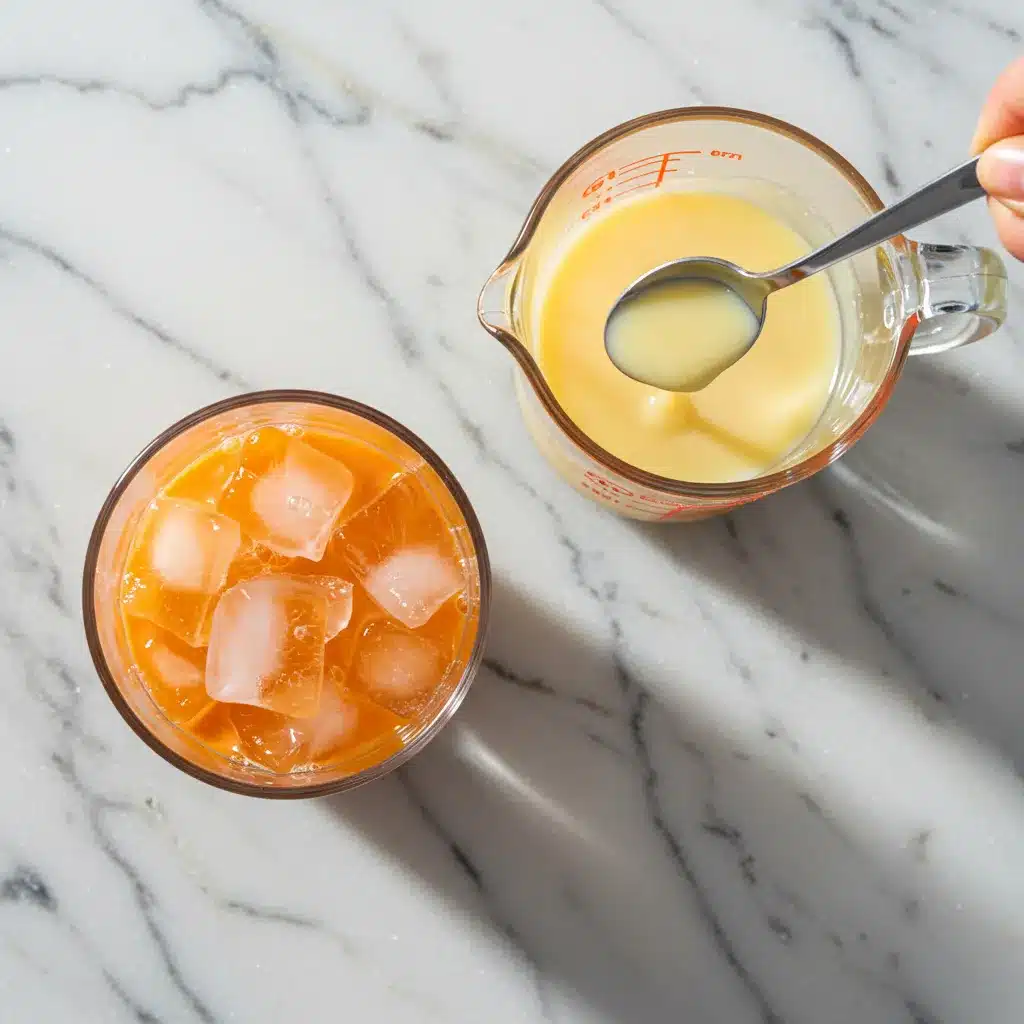 Thai Tea Recipe (Authentic & Easy) 4 A hand stirring sweetened condensed milk in a measuring cup, next to a glass of iced Thai tea, viewed from above.