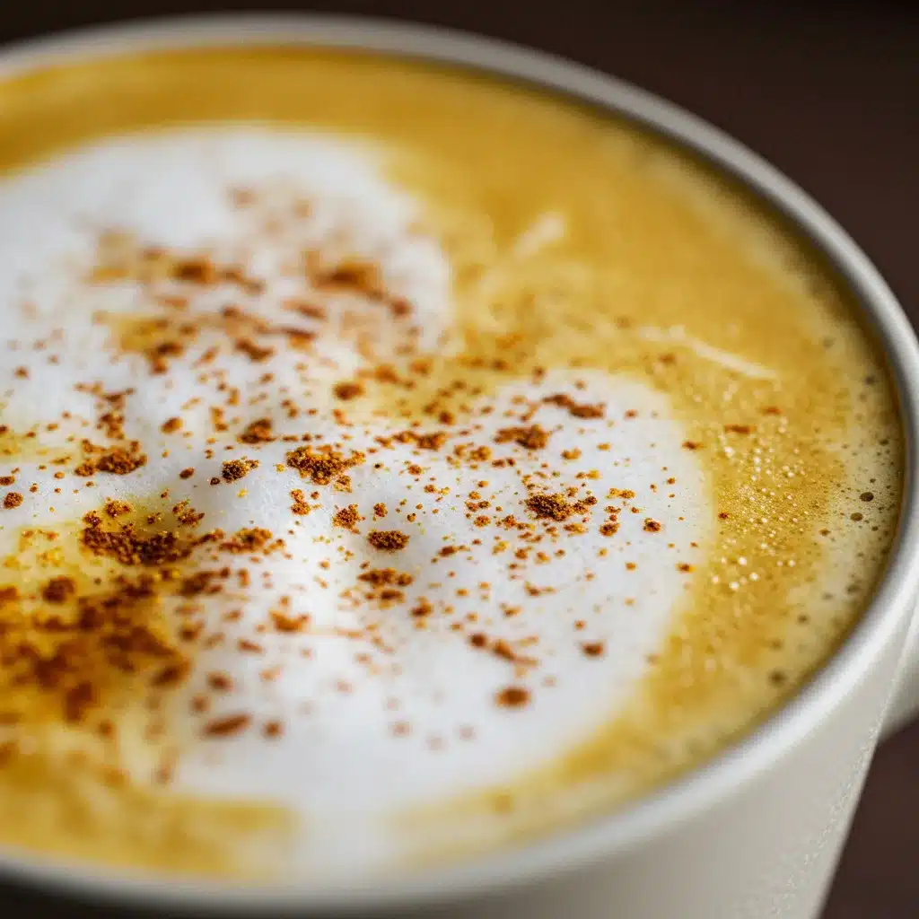 Turmeric Coffee Recipe 4 A detailed close-up of the foamy top of a turmeric coffee, sprinkled with cinnamon or turmeric powder.