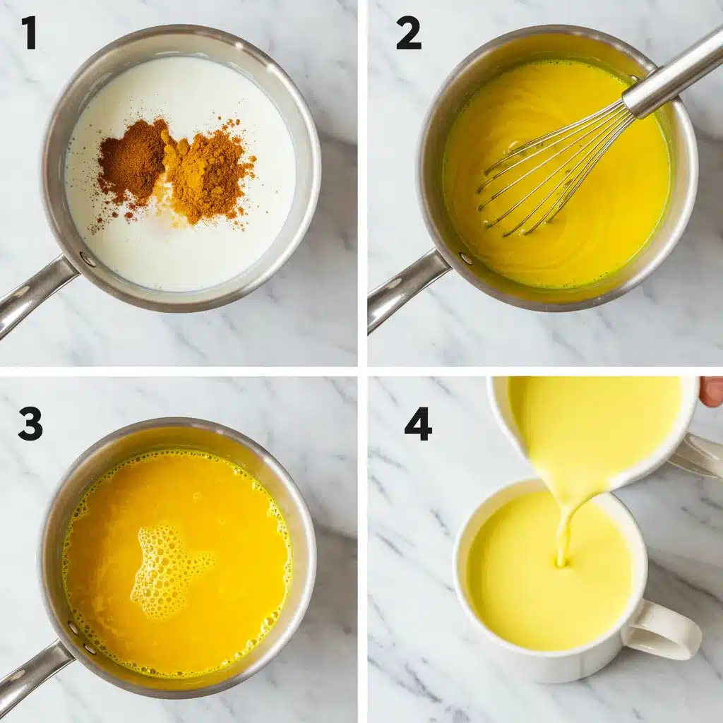 The Ultimate Turmeric Milk Recipe (Easy Golden Milk) 4 A four-panel image showing the steps to make turmeric milk: combining ingredients in a pot, whisking, simmering, and pouring into a mug.