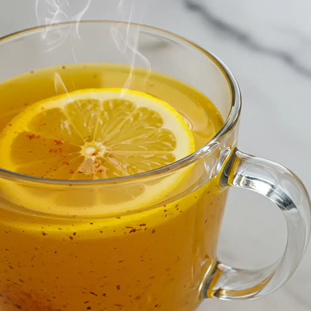 The Ultimate Turmeric Tea Recipe for Wellness 4 A close-up of a steaming glass of turmeric tea with a floating lemon slice and specks of spice.