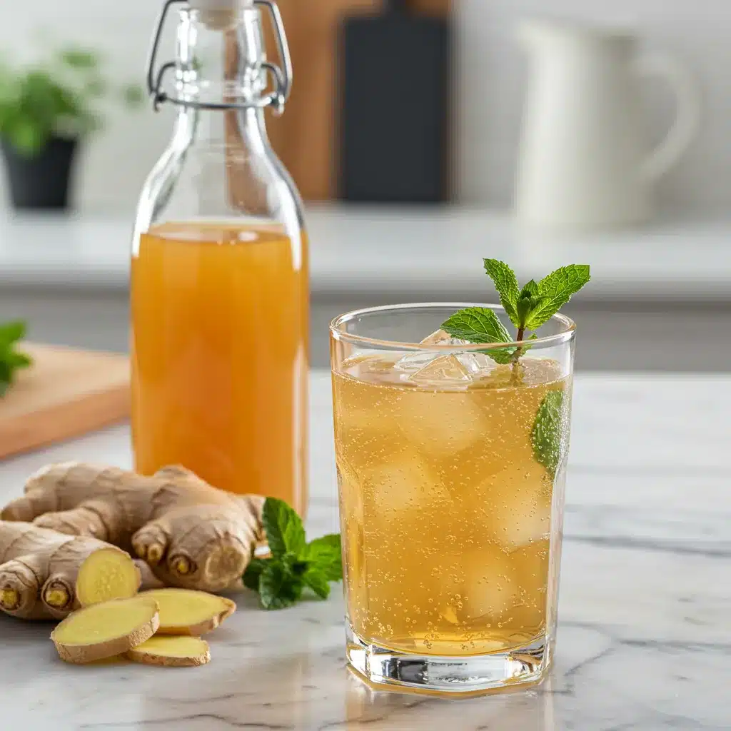 The Ultimate Ginger Syrup Recipe (Easy & Versatile) 5 A tall glass of sparkling ginger soda made with a homemade ginger syrup recipe, garnished with fresh mint.
