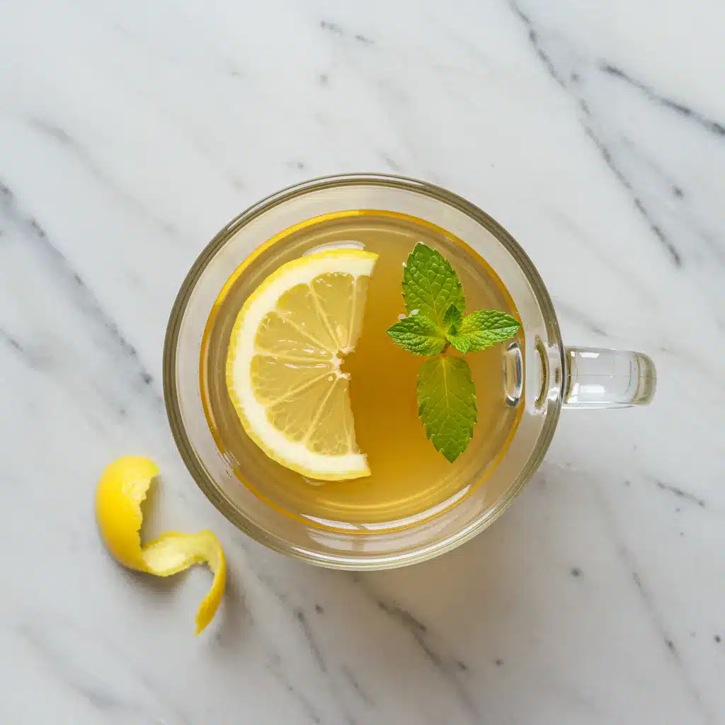 Ginger Tea Recipe (Easy, Soothing & Delicious) 5 An overhead shot of a glass mug of ginger tea with a lemon and mint garnish, next to a curl of lemon peel on a marble surface.