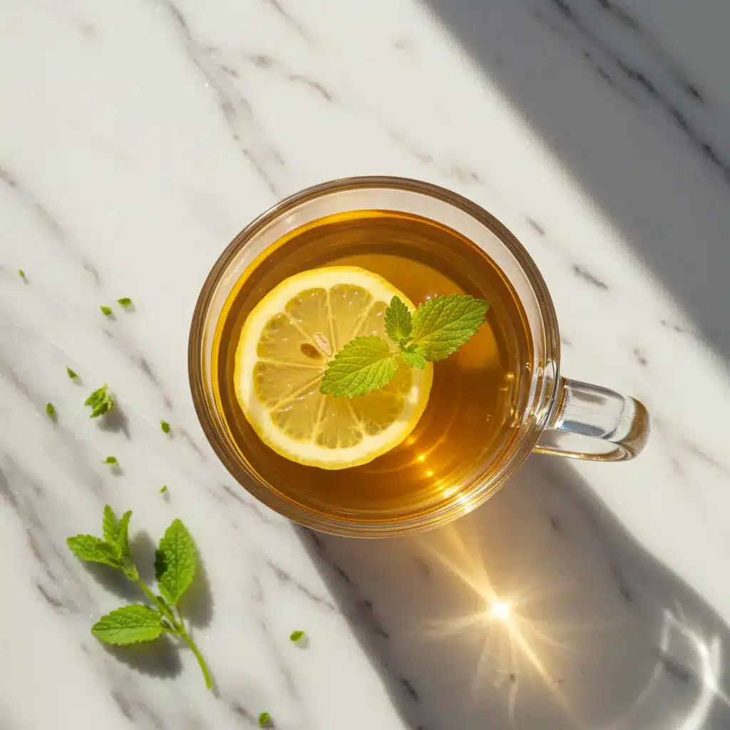 Lemon balm Tea Recipe for Weight Loss and Wellness 3 An artistic overhead shot of lemon balm tea in a glass mug with a lemon slice.
