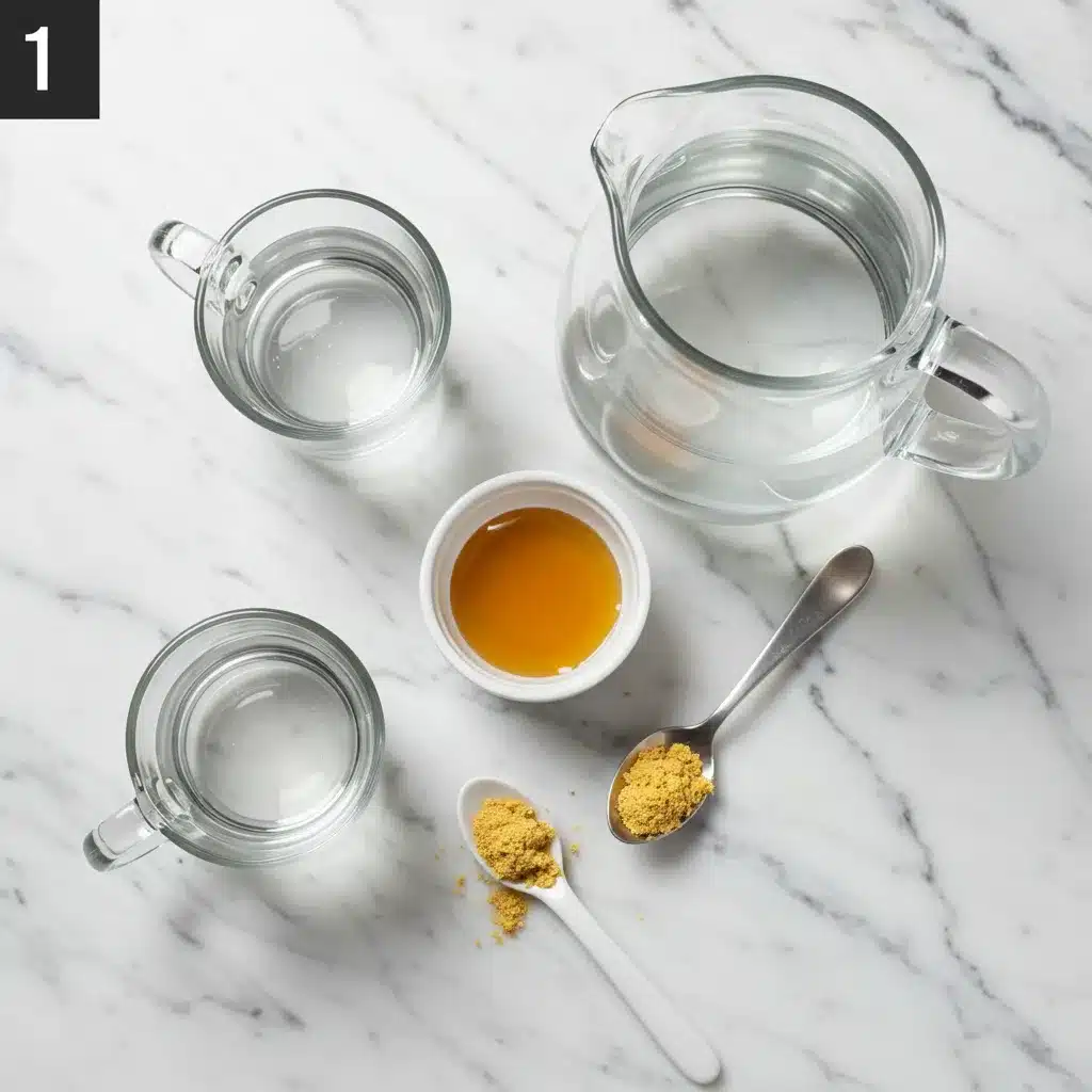 The Ultimate Natural Mounjaro Recipe (4 Ingredients for Weight Loss) 4 Step one of the Natural Mounjaro Recipe showing ingredients: water, honey, and ground ginger powder.