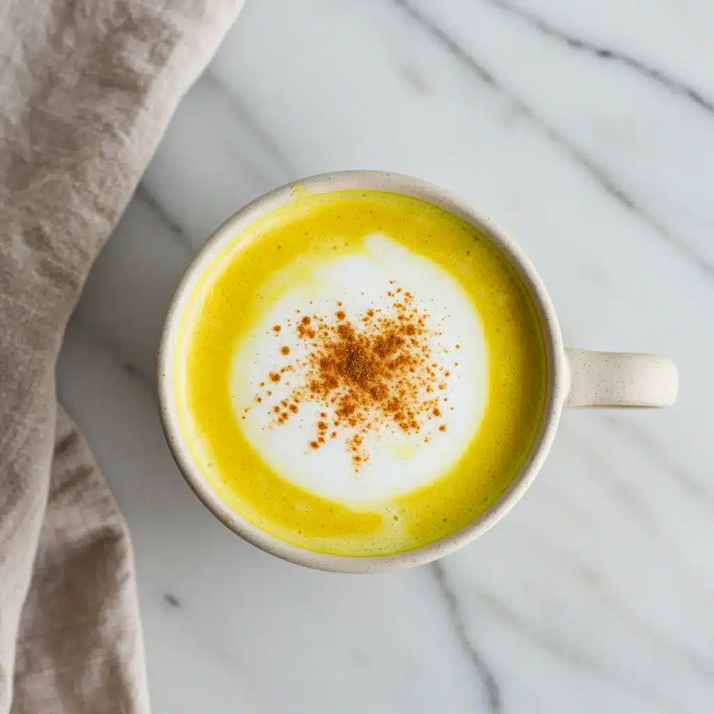 Turmeric Latte Recipe (for a Cozy, Anti-Inflammatory Boost) 4 An overhead flat lay of a golden turmeric latte in a mug on a marble table.