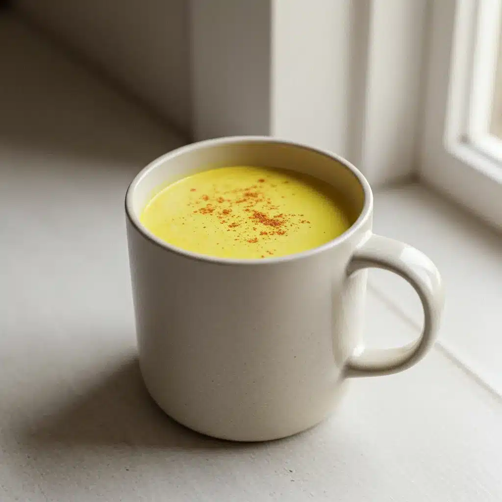 The Ultimate Turmeric Milk Recipe (Easy Golden Milk) 6 A warm mug of turmeric milk, sprinkled with cinnamon, resting on a white windowsill with soft, natural light.