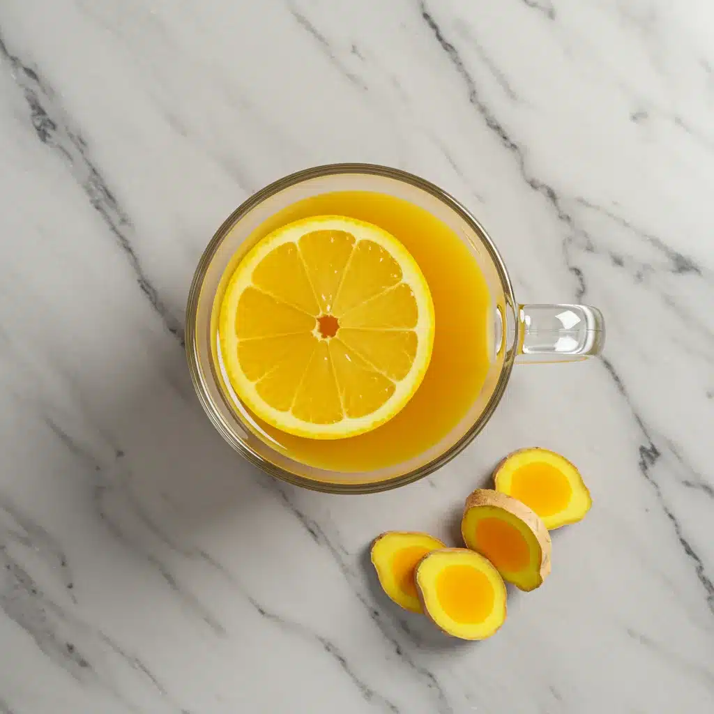 The Ultimate Turmeric Tea Recipe for Wellness 5 An overhead view of a glass mug of turmeric tea with a lemon slice, next to slices of fresh turmeric root.