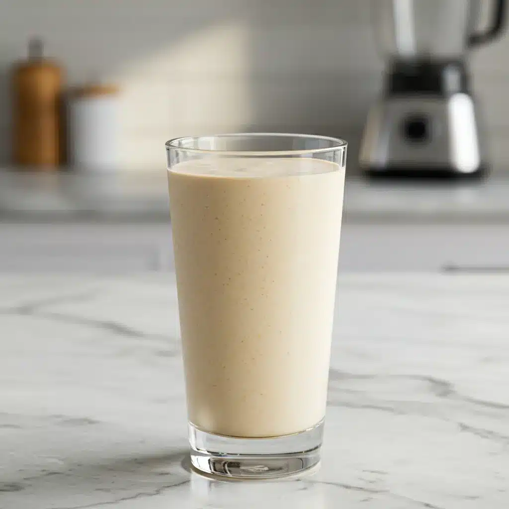 Banana Bariatric Shake Recipe (3-Ingredient!) 5 A tall glass of the finished Banana Bariatric Shake on a marble counter with a blender in the background.