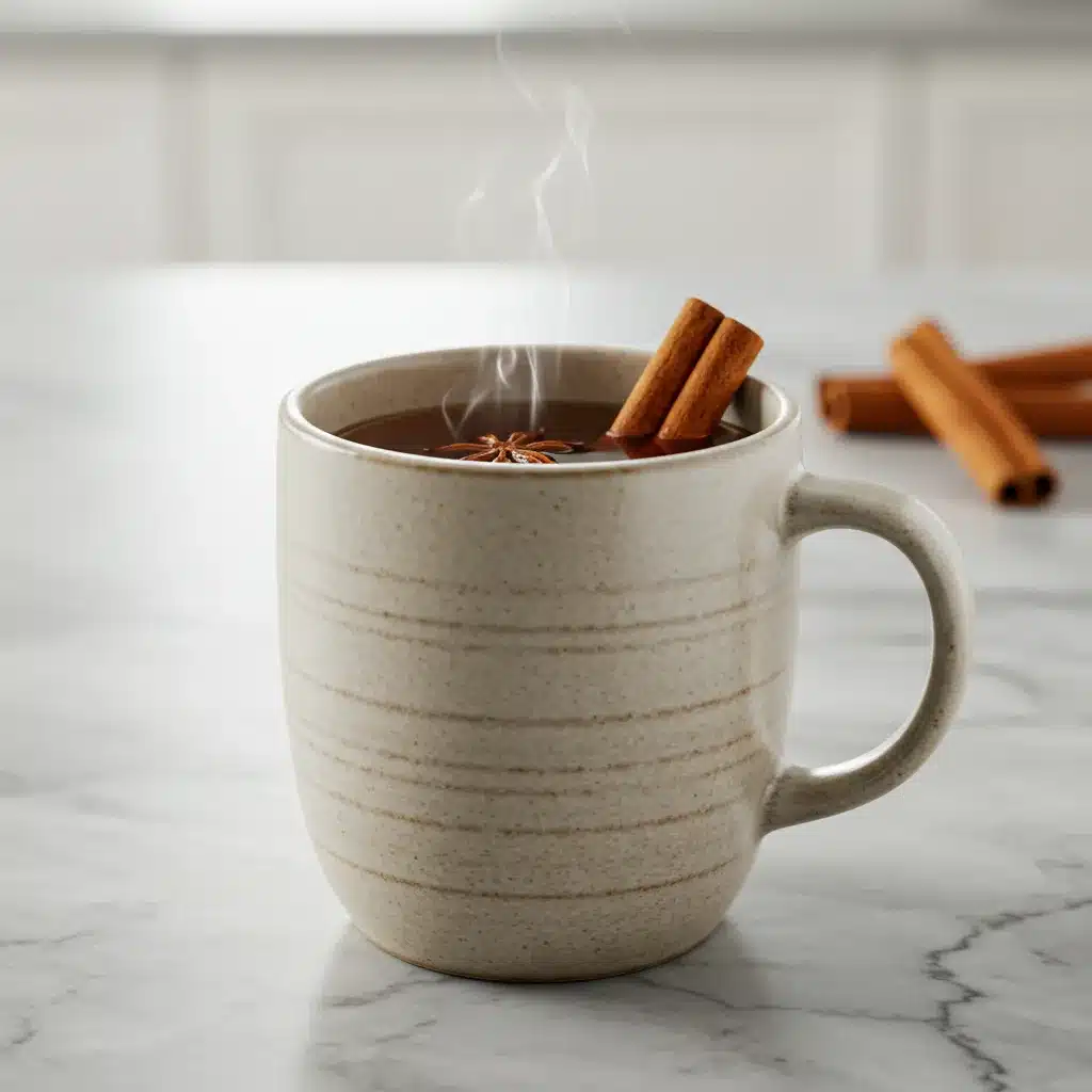 Cinnamon Tea Recipe (Simple & Delicious) 6 A steaming mug of our Cinnamon Tea Recipe garnished with star anise on a kitchen counter.