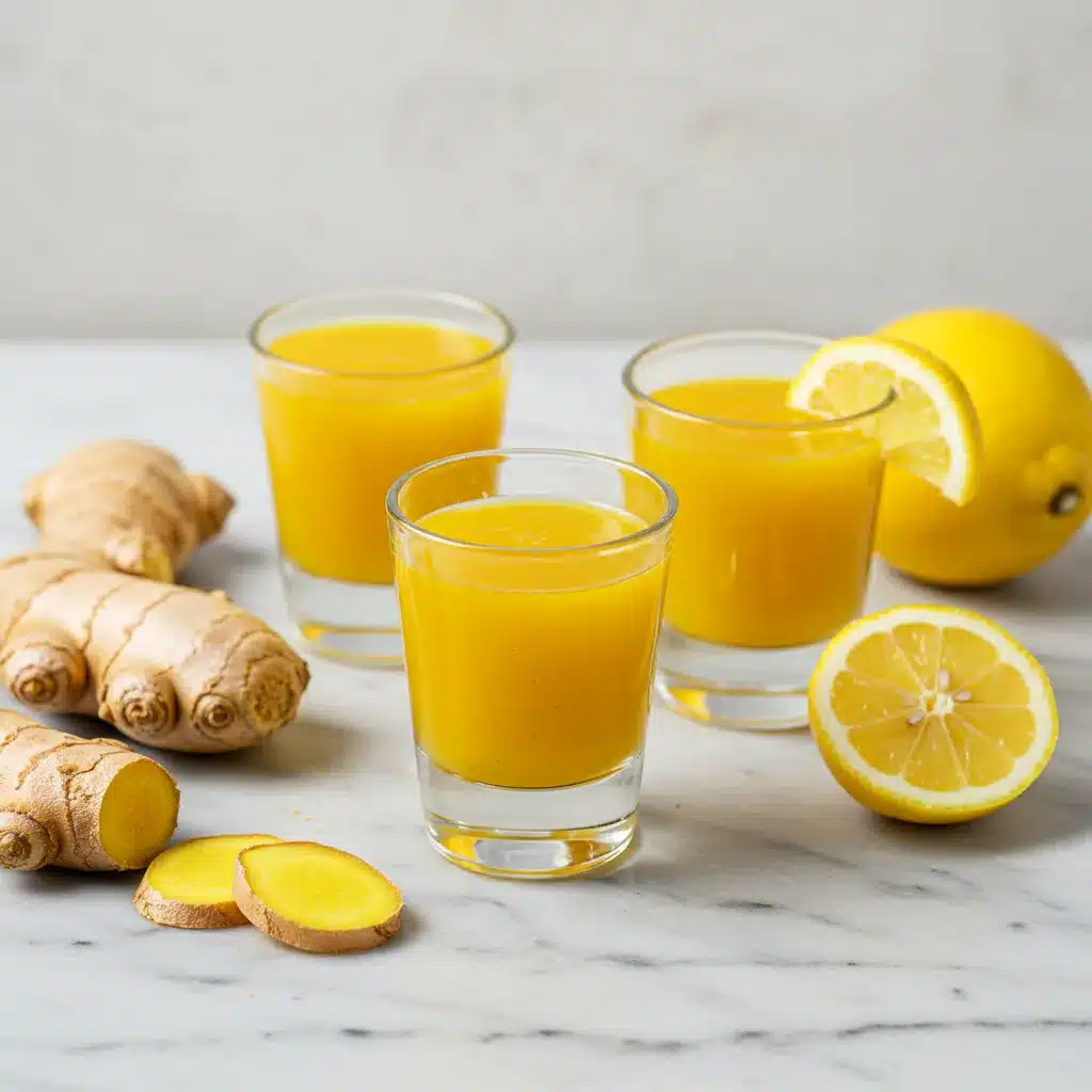 Ginger Shot Recipe (Quick, Potent & Easy!) 6 Three glasses of a homemade ginger shot recipe, surrounded by fresh ginger and bright lemons on a marble countertop.
