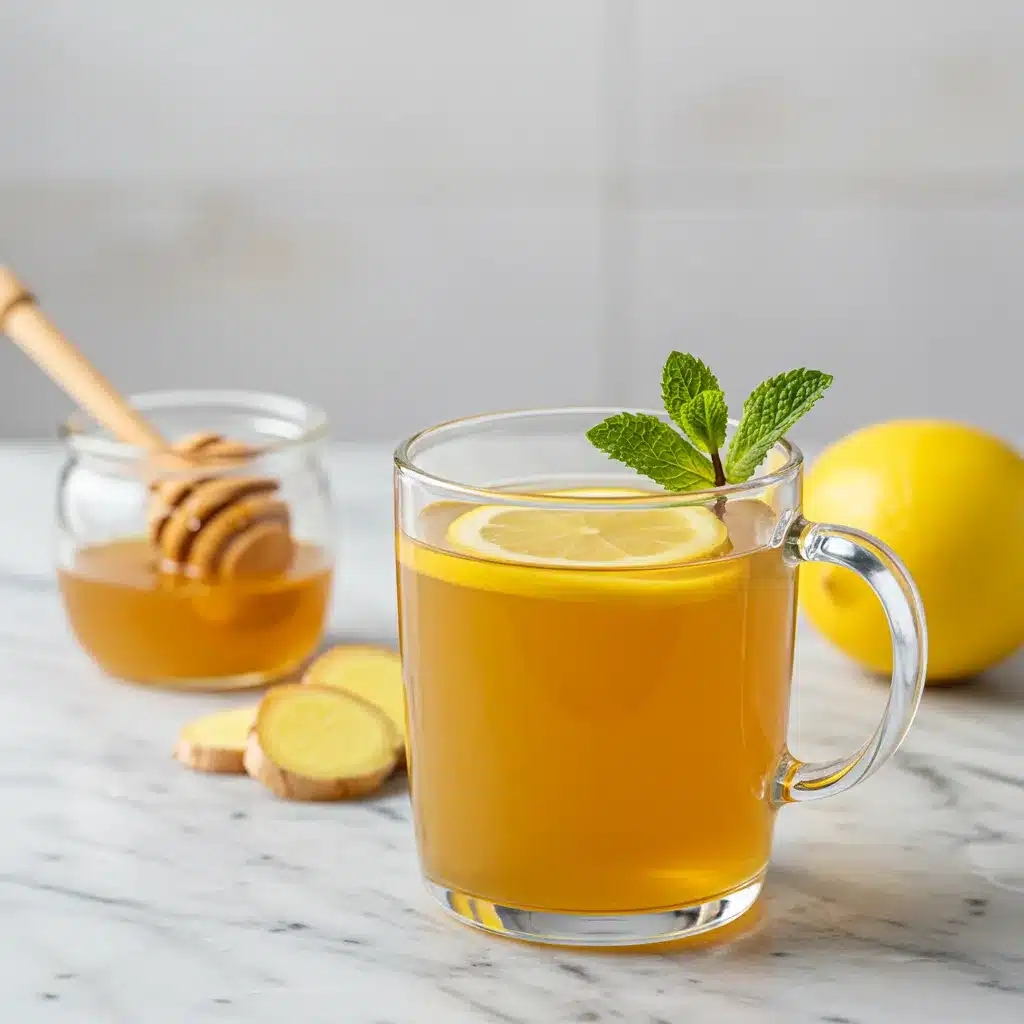 Ginger Tea Recipe (Easy, Soothing & Delicious) 6 A glass of fresh ginger tea sits in front of a jar of honey with a dipper, ready to be sweetened.