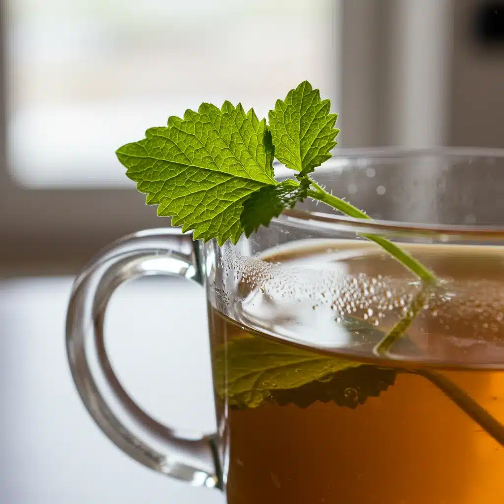 Lemon balm Tea Recipe for Weight Loss and Wellness 6 A close-up shot of a fresh lemon balm leaf on the rim of a tea-filled glass mug.