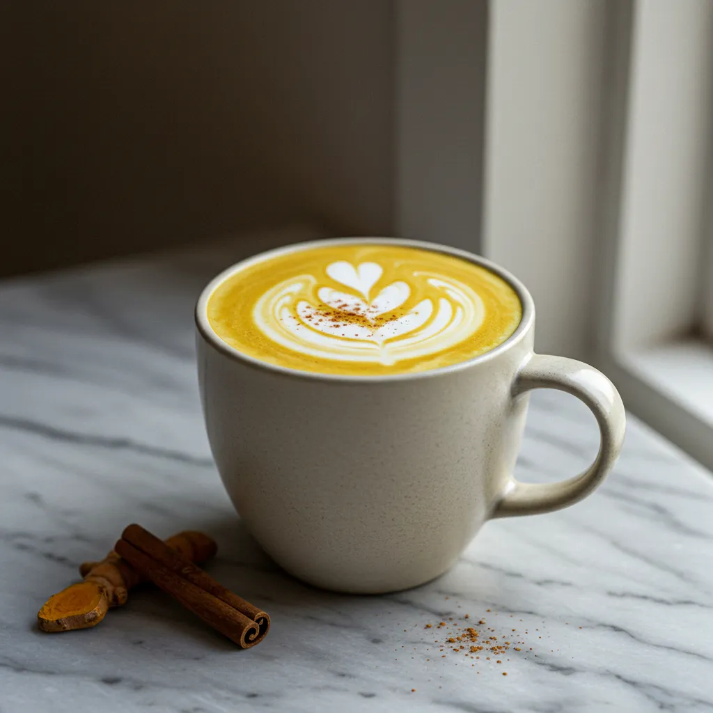 Turmeric Coffee Recipe 5 A cup of turmeric coffee with latte art next to a cinnamon stick and fresh turmeric root on a marble windowsill.