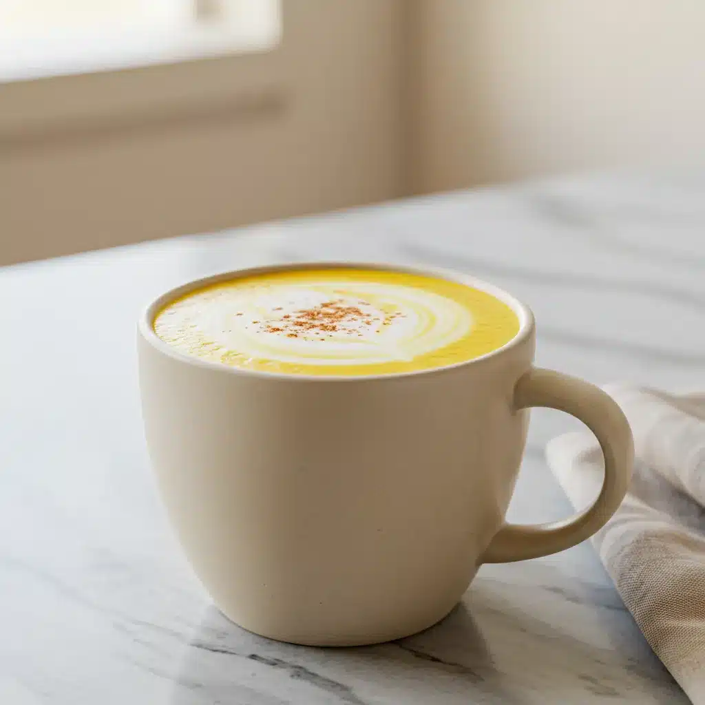 Turmeric Latte Recipe (for a Cozy, Anti-Inflammatory Boost) 5 A creamy turmeric latte with a foam heart design in a mug on a marble counter.