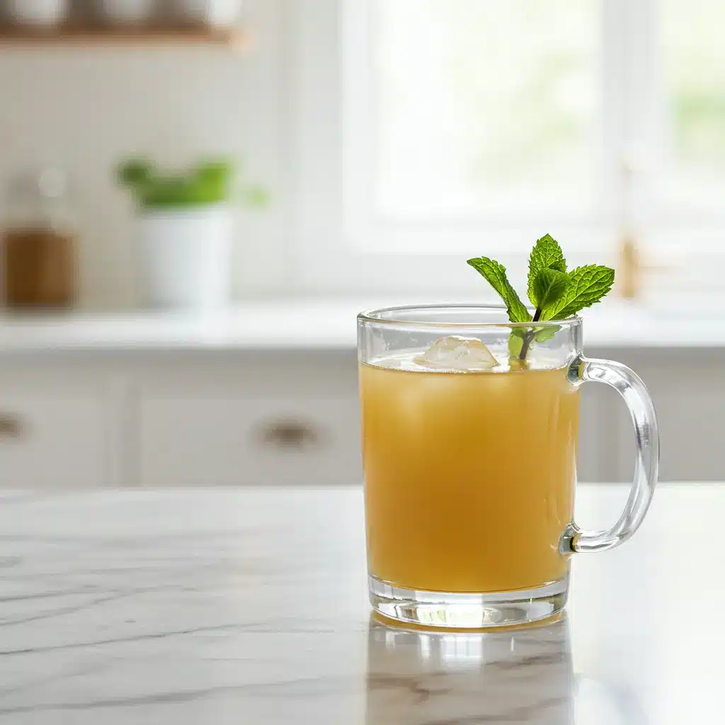 The Ultimate Brazilian Mounjaro Recipe (3 Ingredients for Weight Loss) 7 A cool glass of the Brazilian Mounjaro recipe garnished with fresh mint in a bright kitchen.