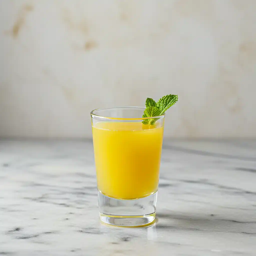 Ginger Shot Recipe (Quick, Potent & Easy!) 5 A single, elegant glass of a ginger shot from a simple recipe, garnished with a fresh mint leaf on a marble table.