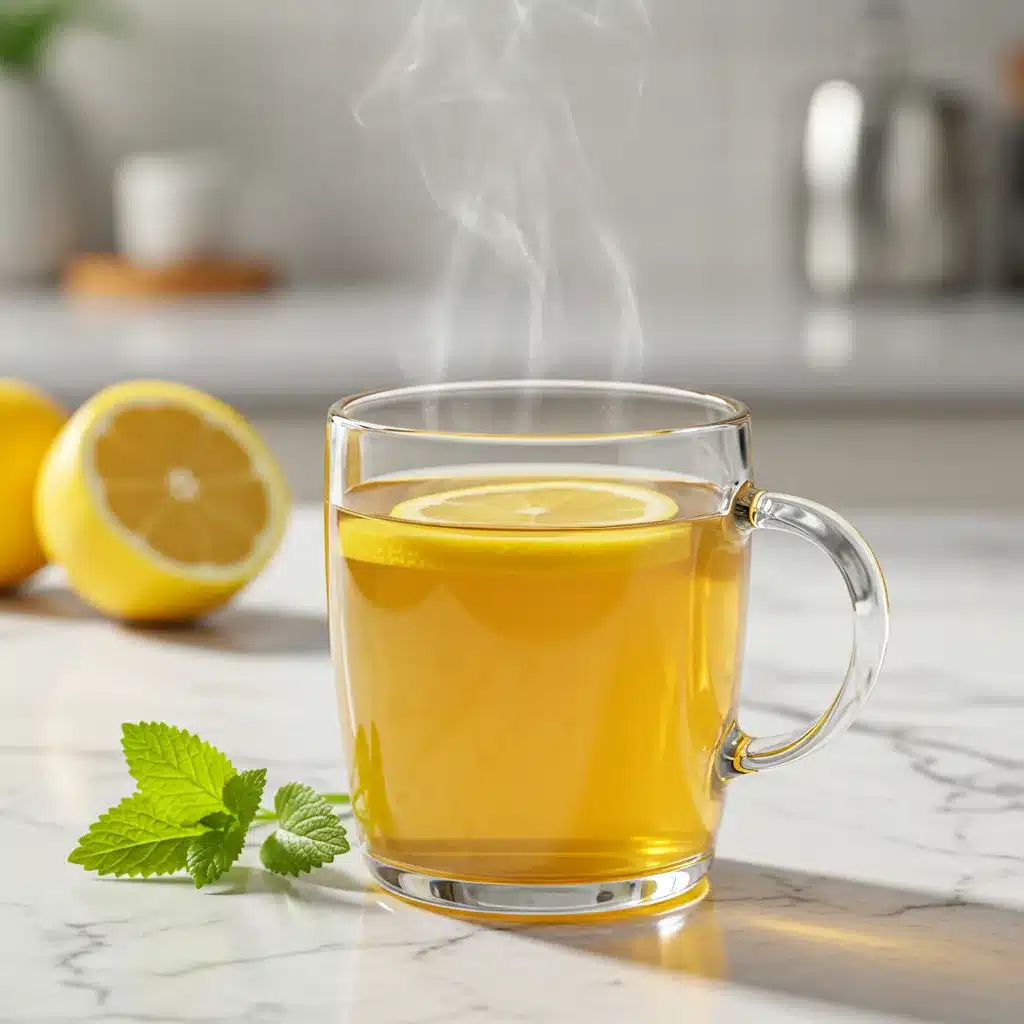 Lemon balm Tea Recipe for Weight Loss and Wellness 7 A steaming hot cup of lemon balm tea with a slice of lemon on a kitchen counter.