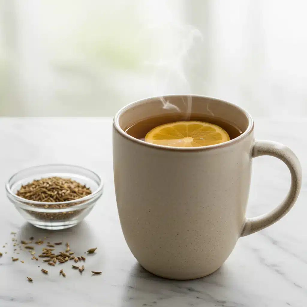 Bariatric Seed Tea Recipe for Weight Loss 2 Bariatric seed tea recipe in a ceramic mug with a lemon slice.