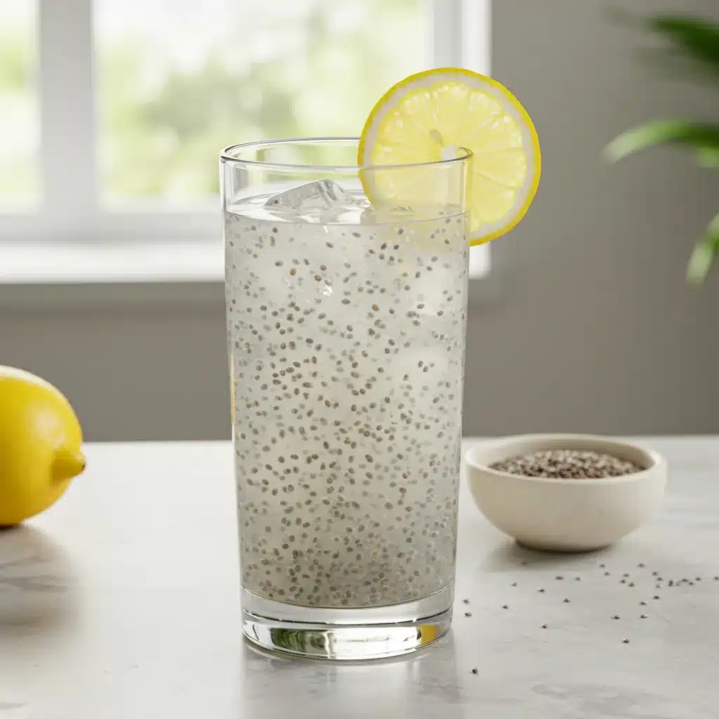 Bariatric seed tonic recipe finished drink in a clear glass with a lemon garnish.