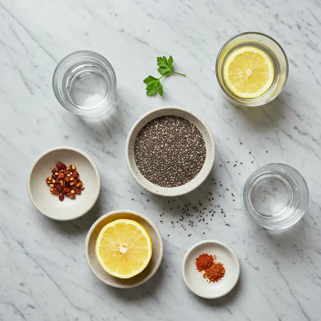 Bariatric Seed Tonic Recipe for Health and Weight Loss 3 Bariatric seed tonic recipe ingredients including chia seeds, lemon, and cayenne pepper.