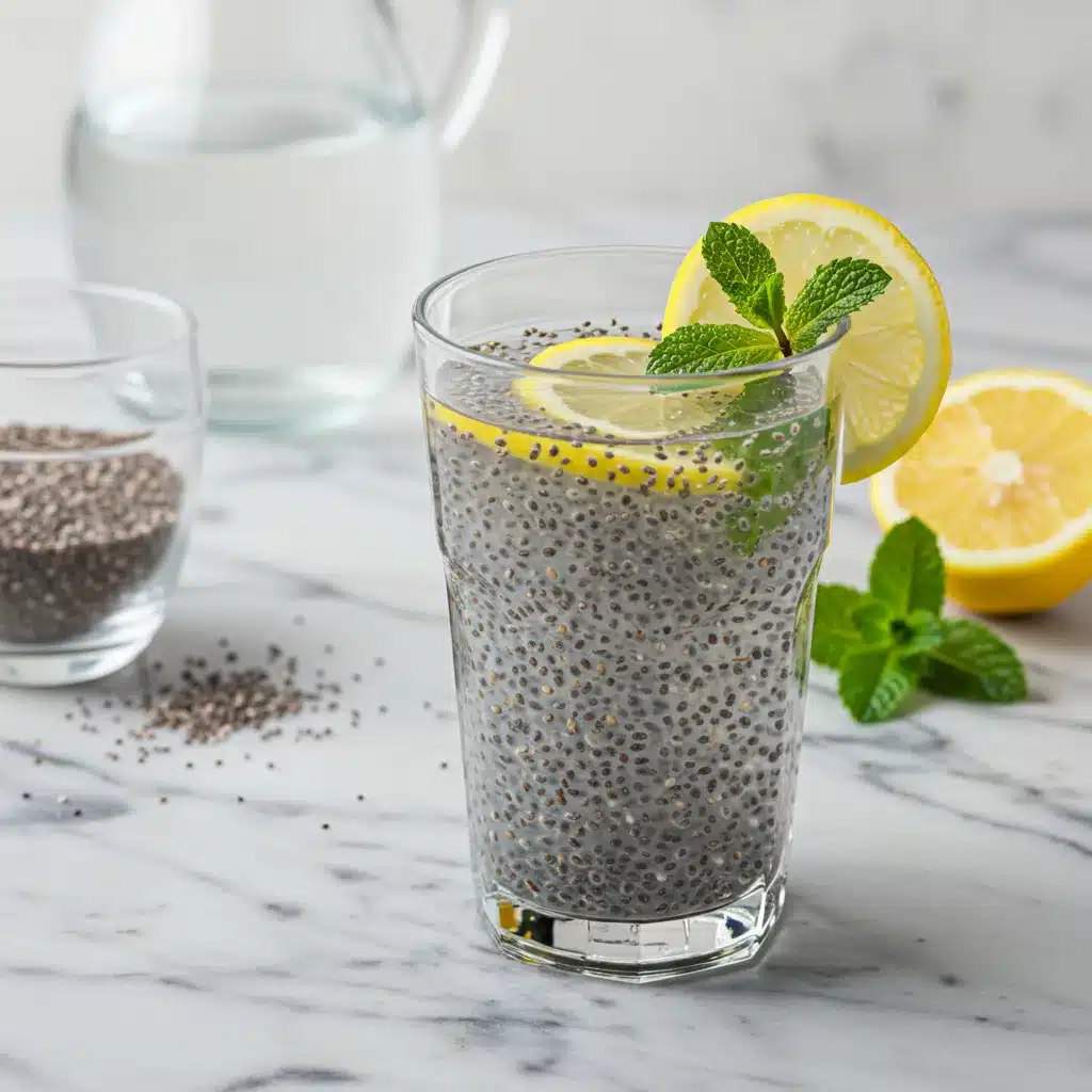 Chia Seed Water Recipe for Health and Hydration 2 chia seed water recipe in a clear glass with a lemon slice garnish