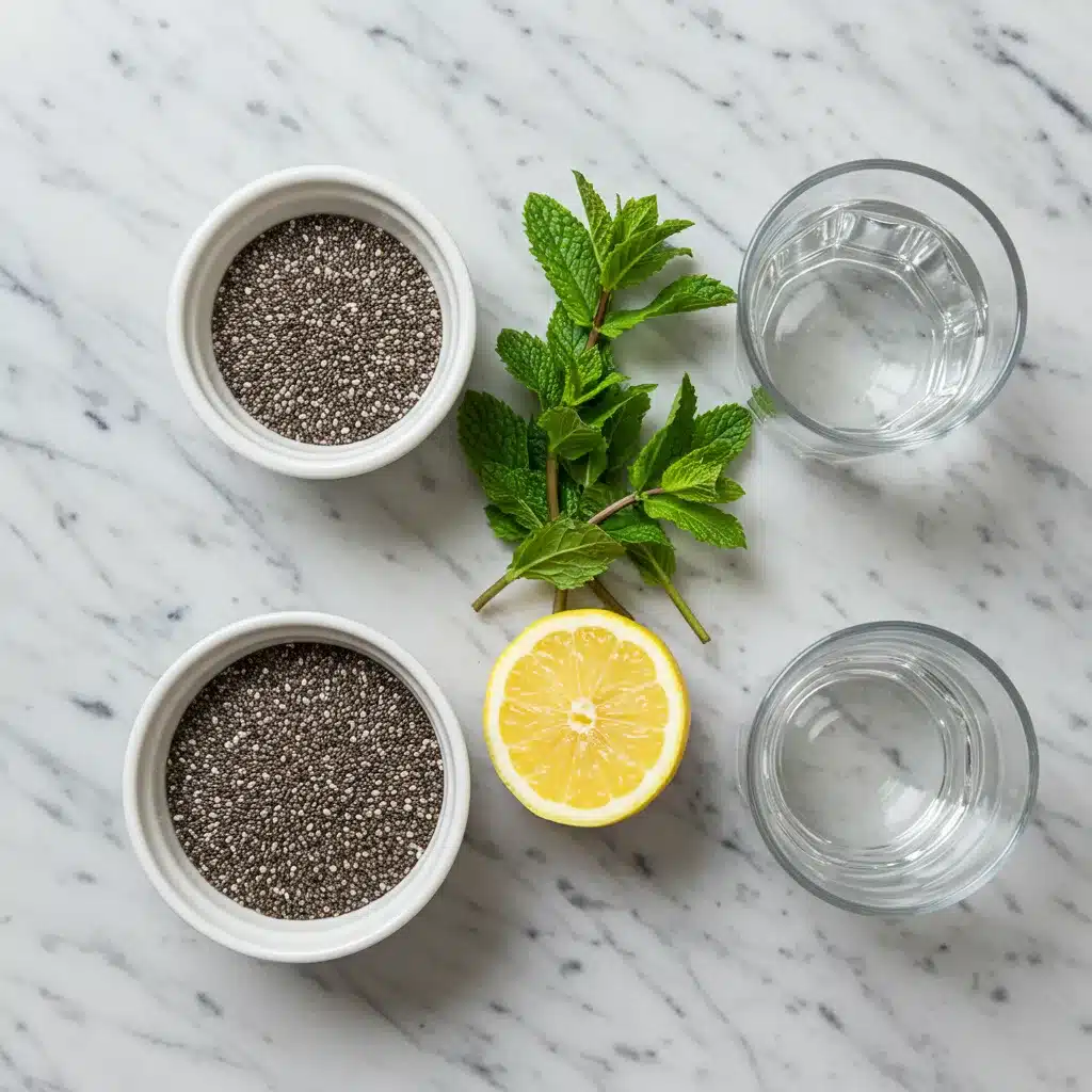 Chia Seed Water Recipe for Health and Hydration 3 chia seed water recipe ingredients including chia seeds, water, and lemon on a marble surface