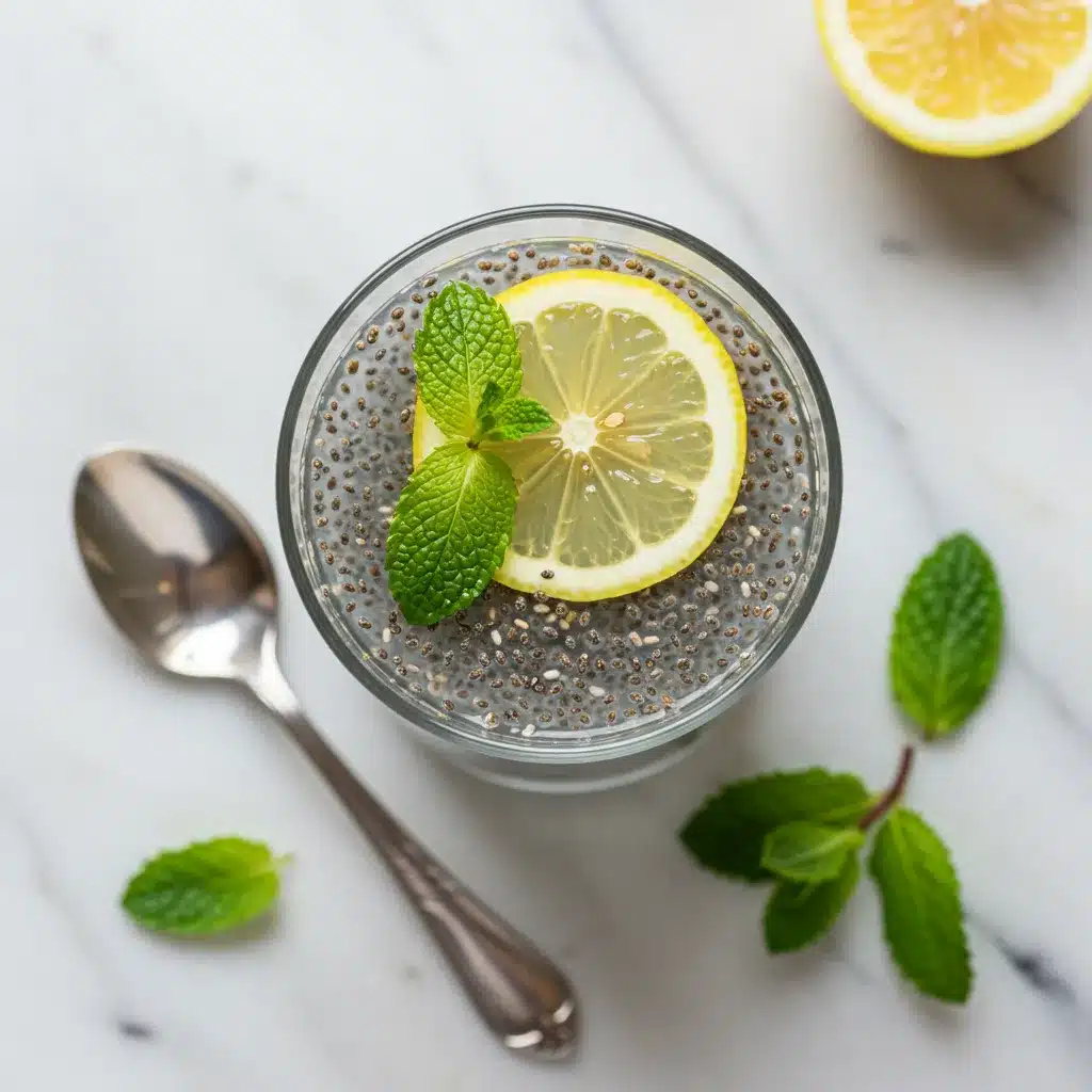 Chia Seed Water Recipe for Health and Hydration 4 overhead flat lay of a glass of the finished chia seed water recipe