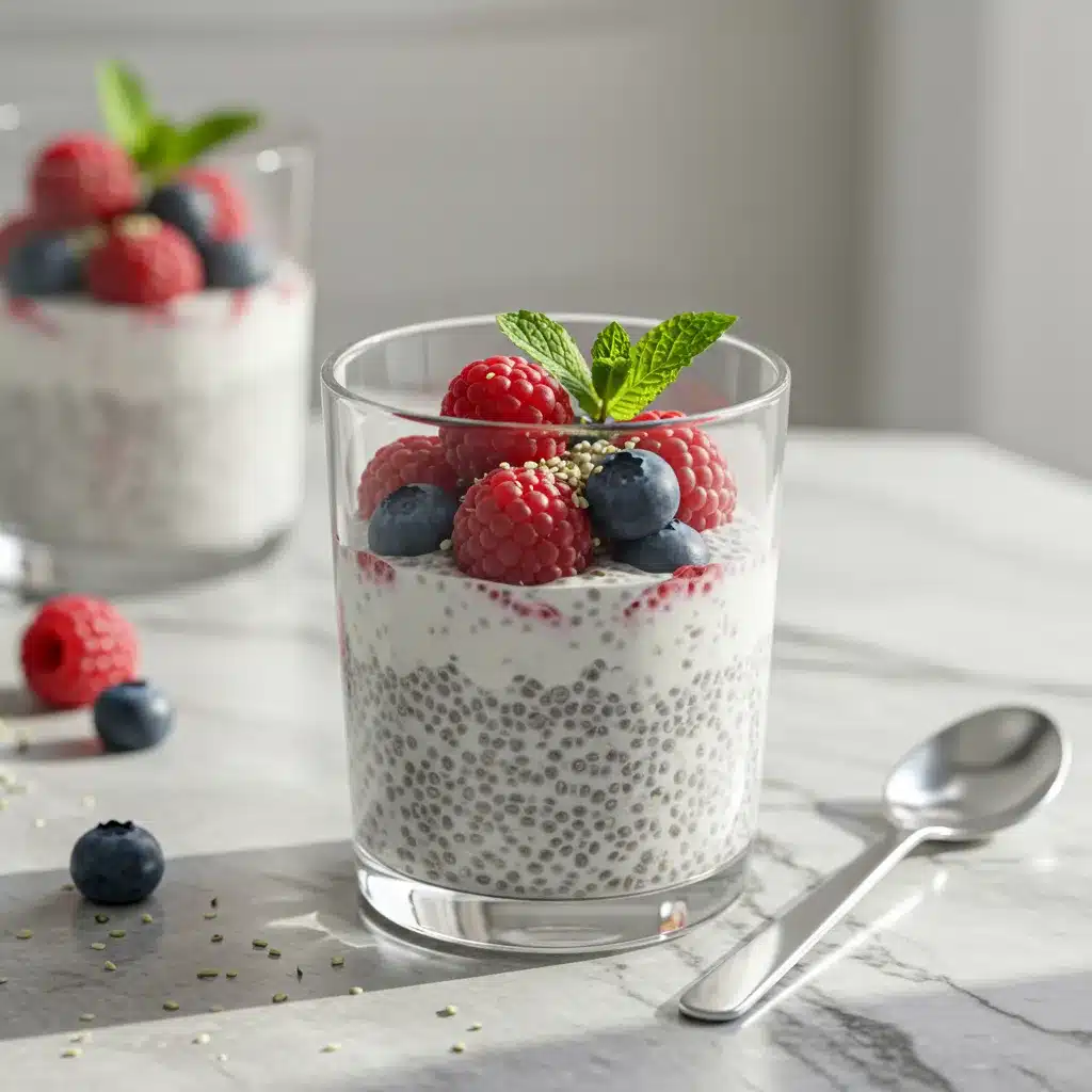 Yogurt chia seed pudding recipe in a glass tumbler topped with fresh berries and a mint leaf.