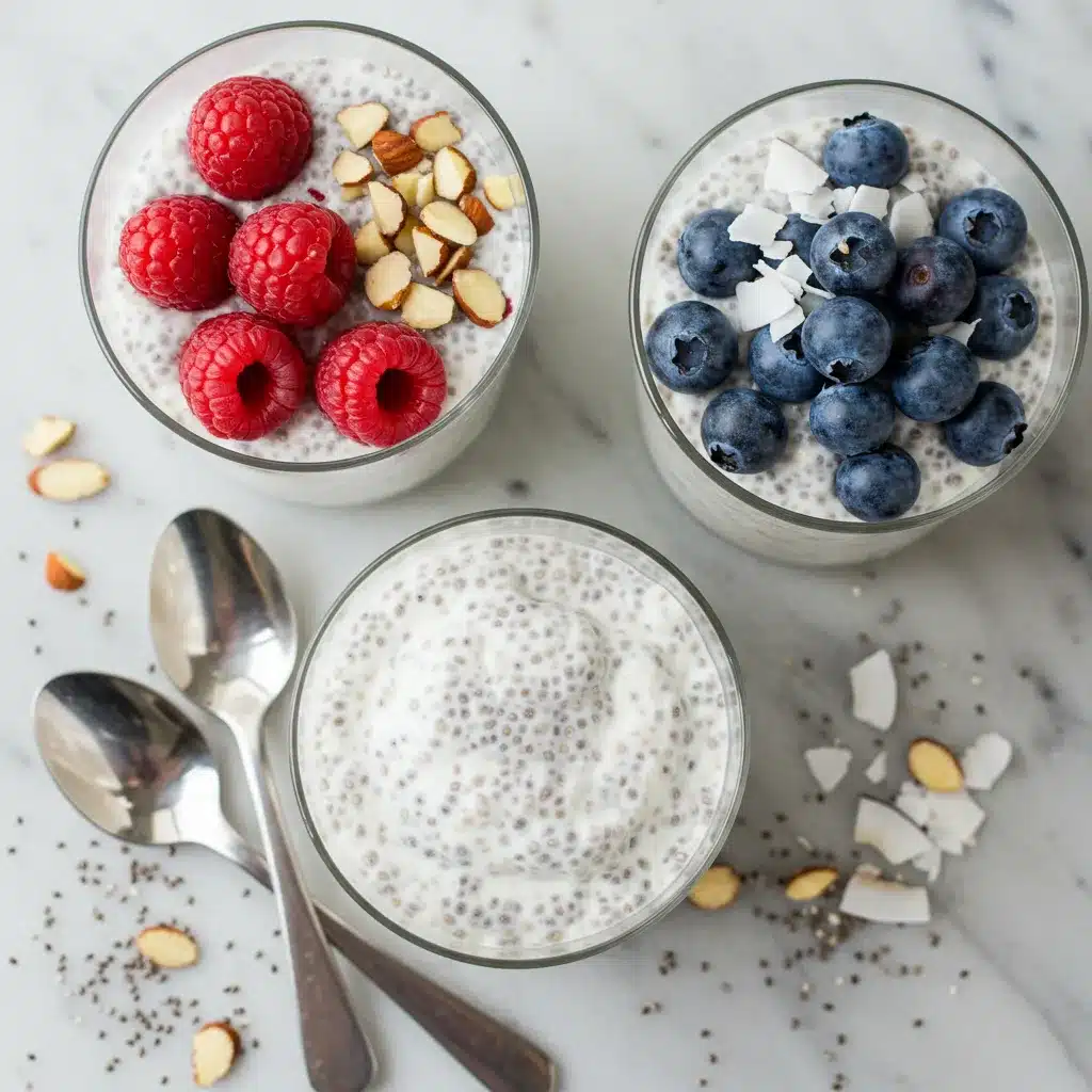 Yogurt Chia Seed Pudding Recipe 3 Overhead view of two glasses of yogurt chia seed pudding with different toppings like berries and nuts.