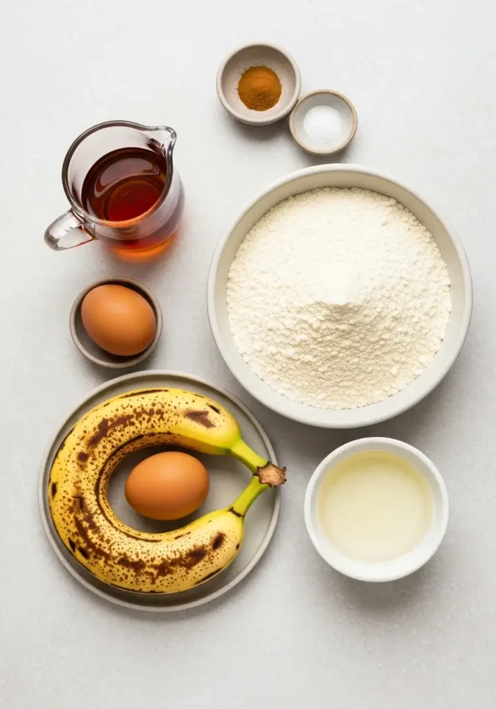 Moist Banana Bread Recipe with Almond Flour (Gluten-Free & Healthy) 2 Ingredients for almond flour banana bread laid out on a light surface.