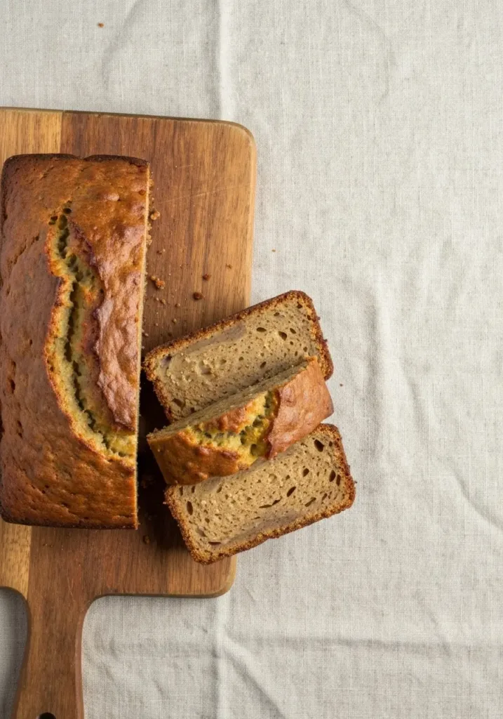 Moist Banana Bread Recipe with Almond Flour (Gluten-Free & Healthy) 3 Overhead shot of a sliced loaf of almond flour banana bread on a wooden board.
