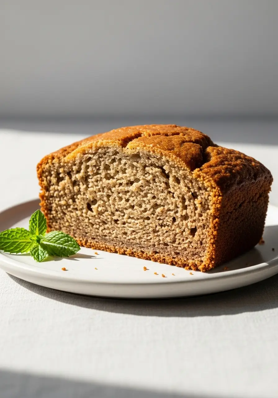 Moist Banana Bread Recipe with Almond Flour (Gluten-Free & Healthy) 4 A thick slice of moist banana bread with almond flour on a white plate, showing its tender texture.