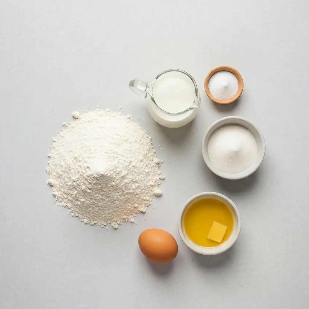 American Pancake Recipe: The Secret to Perfectly Fluffy Stacks 2 Ingredients for the American pancake recipe laid out on a light surface, including flour, sugar, egg, and milk.