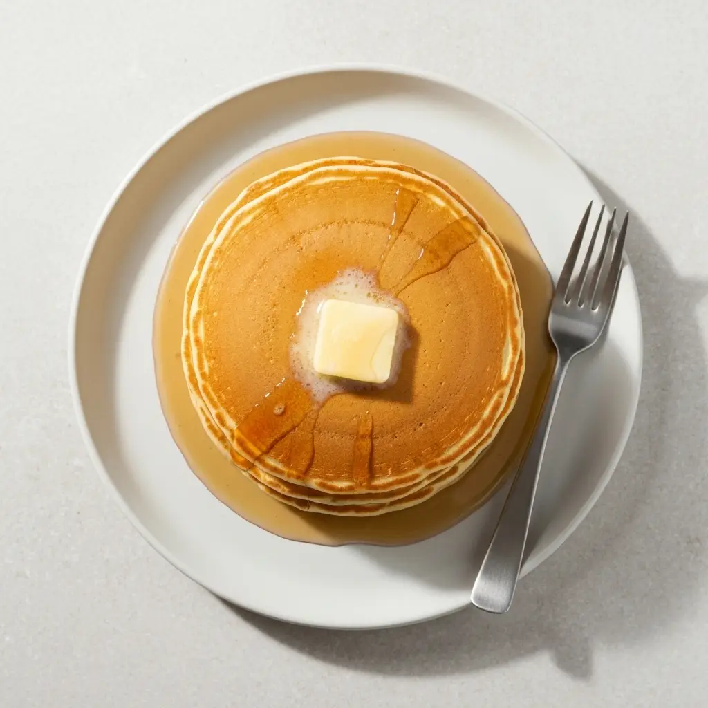 American Pancake Recipe: The Secret to Perfectly Fluffy Stacks 4 An overhead view of a stack of American pancakes with butter and syrup on a white plate.