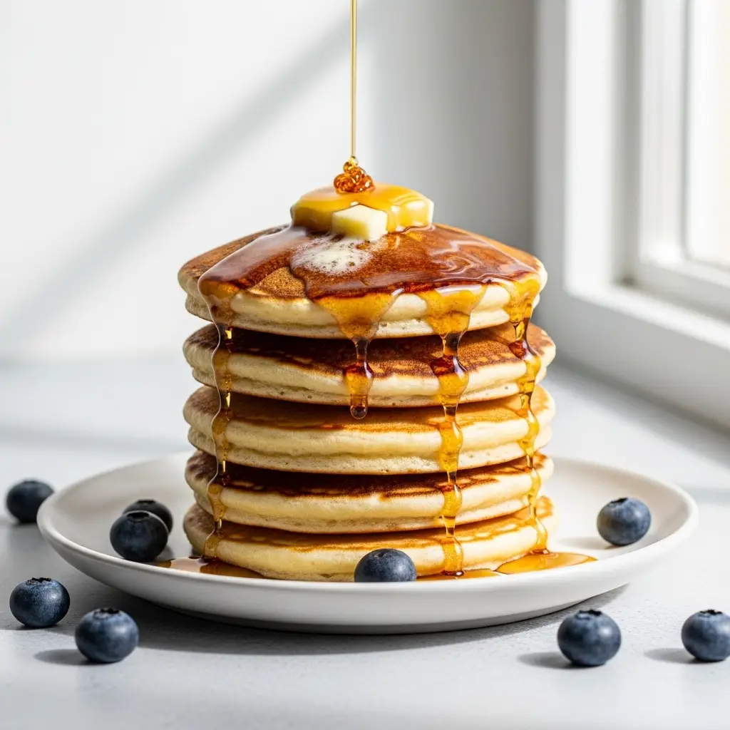 American Pancake Recipe: The Secret to Perfectly Fluffy Stacks 3 A tall stack of fluffy American pancakes with melting butter and maple syrup dripping down the side.