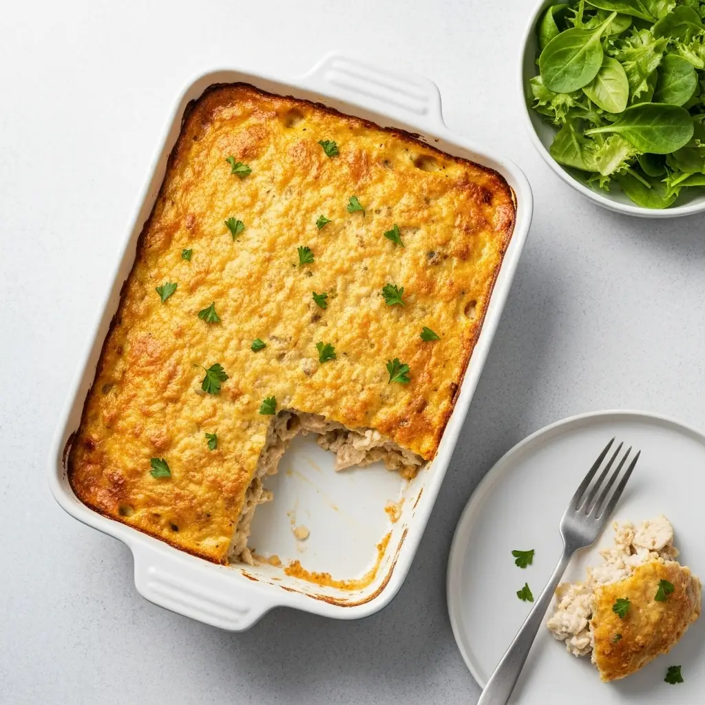 Chicken Casserole Recipe: The Ultimate Creamy & Cheesy Guide 4 Overhead view of a baked chicken casserole in a dish next to a plate with a serving of the casserole and a side salad.