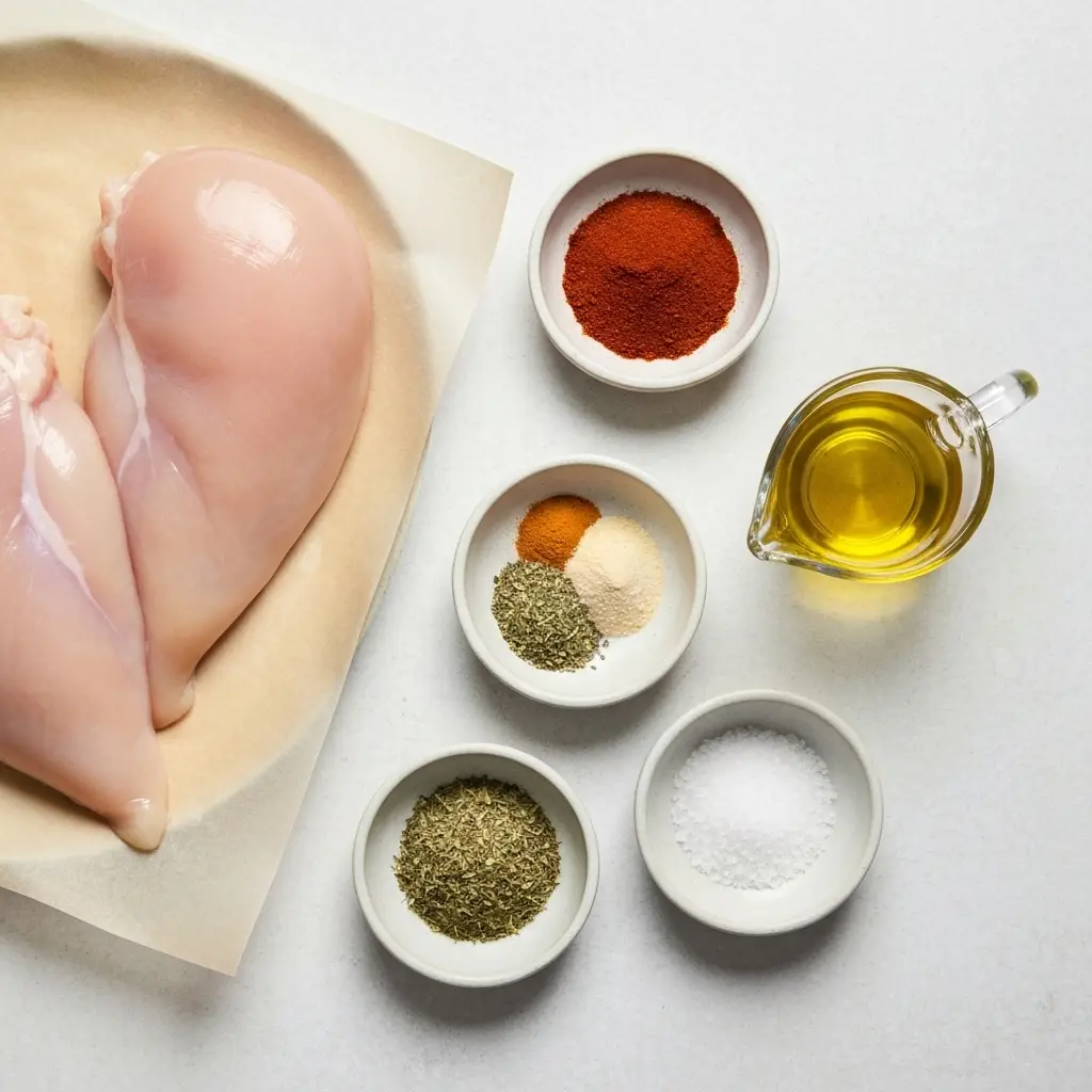The Ultimate Juicy Baked Chicken Recipe (Simple & Foolproof!) 2 Ingredients for baked chicken recipe, including chicken breast, olive oil, and various spices in small bowls.